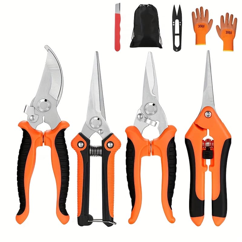TEMU 5pcs Heavy Duty Garden Pruning Shears Set With Stainless Steel - Handheld Scissors, Bypass & , Includes Ergonomic Orange Handles And Storage Bag For Lawn And
