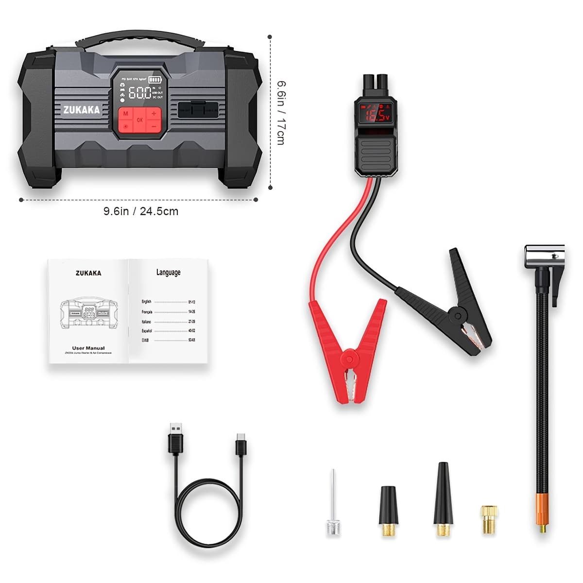 TEMU 10-in-1 Jump Starter With Air Compressor, 9000a Car Battery Starter For All Gasoline And 8l Engines, 12v Portable Power Bank With Usb And Type-c Ports, Jump Box With Led Light
