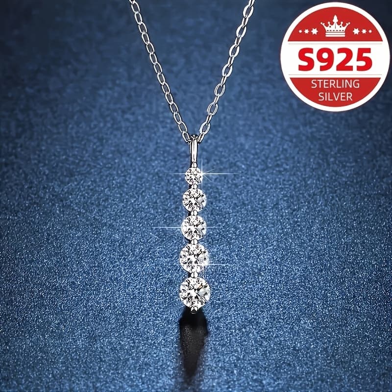 TEMU S925 Sterling Classic Pendant Necklace Featuring 5 Synthetic Zirconia Drops For Women - Ideal For Everyday Use And Festive Occasions