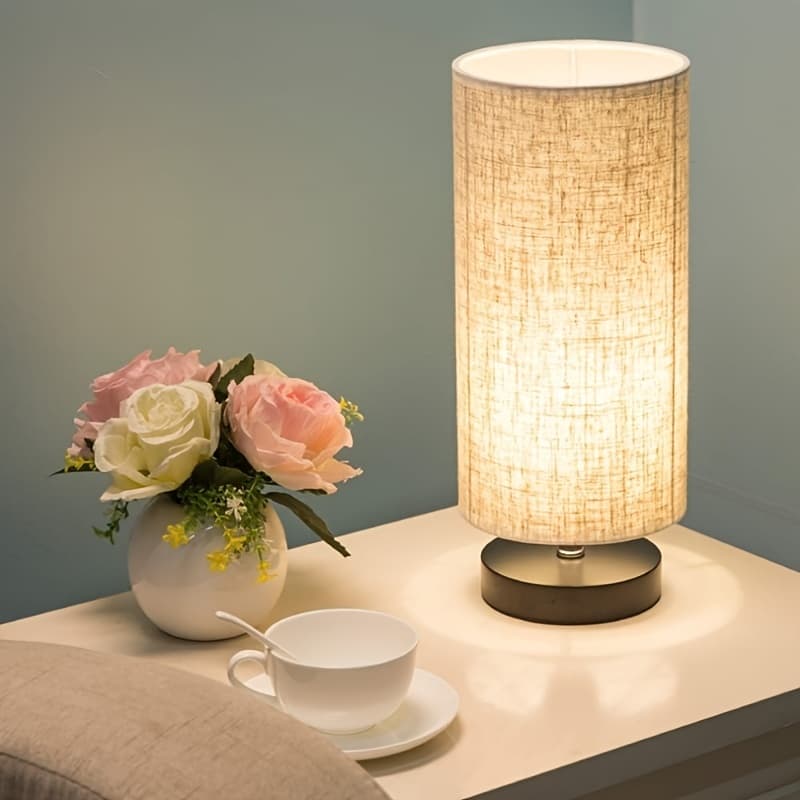 TEMU Contemporary Bedside Lamp Featuring A Easy Round Linen Shade, Ideal For Bedrooms And Study Areas, With Led Lighting For Decoration