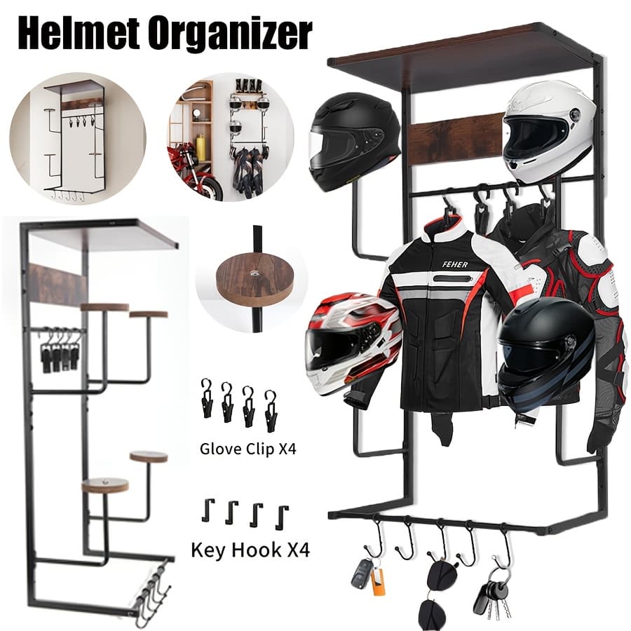 TEMU Motorcycle Helmet Holder Wall Mounted 4 Clip And 4 Hooks Motorcycle Helmet Rack Motorcycle Helmet Hanger Wall Mount For Storing Motorcycle Accessories