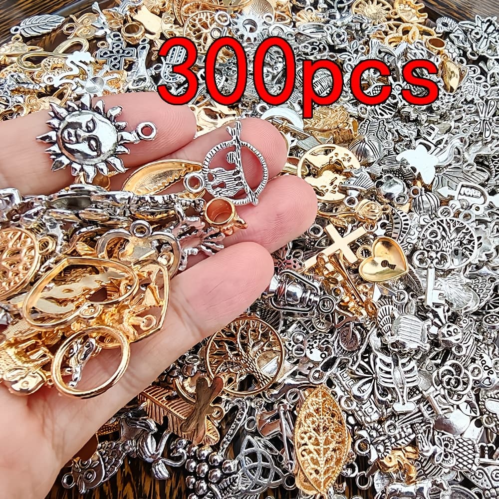TEMU 300pcs Mixed Shape Metal Charms Set - 100+ Designs Vintage Golden/silvery Pendants For Diy Bracelet Necklace Jewelry Making Crafts