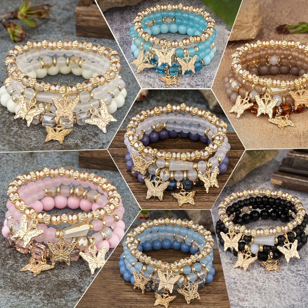 TEMU 7sets (total 28pcs) Multilayer Beaded Stackable Bracelet Set, Artificial Crystal Pendant Jewelry Set, Beaded Stretch Hand String, Handcraft Jewelry Set-diy Beads Jewelry