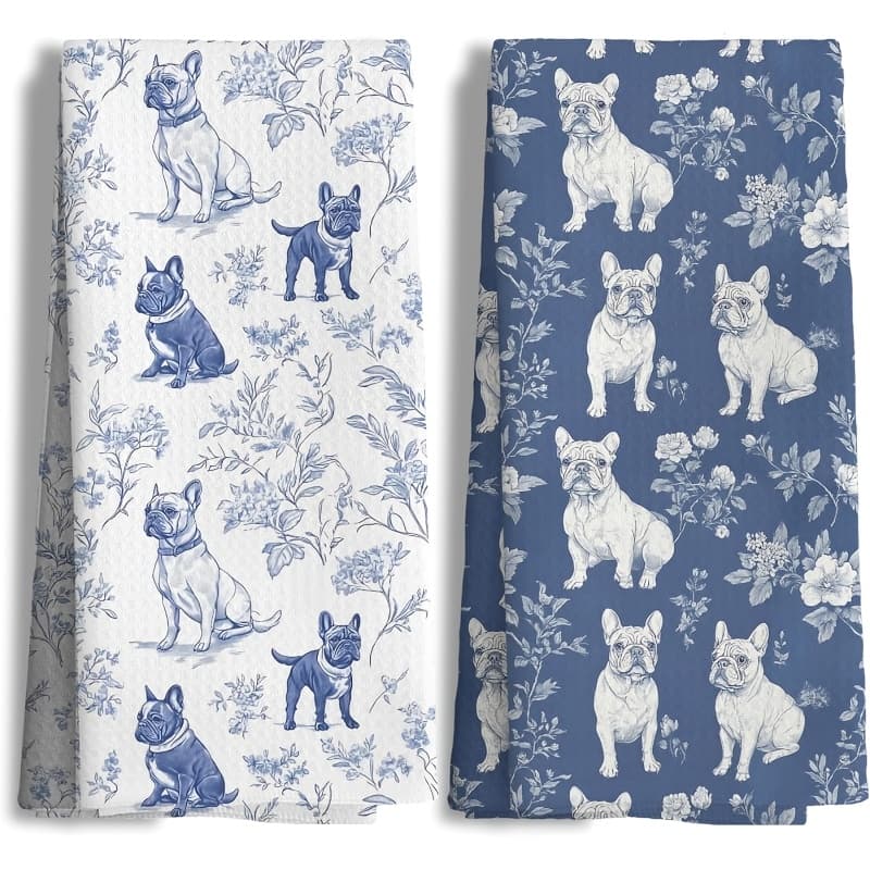 TEMU 2-pack Blue And White Chinese French Bulldog Kitchen Towels, Blue And White Floral Plant Dog Decorative Plate Tea Towel, Hand Towel, Suitable For Kitchen And Bathroom