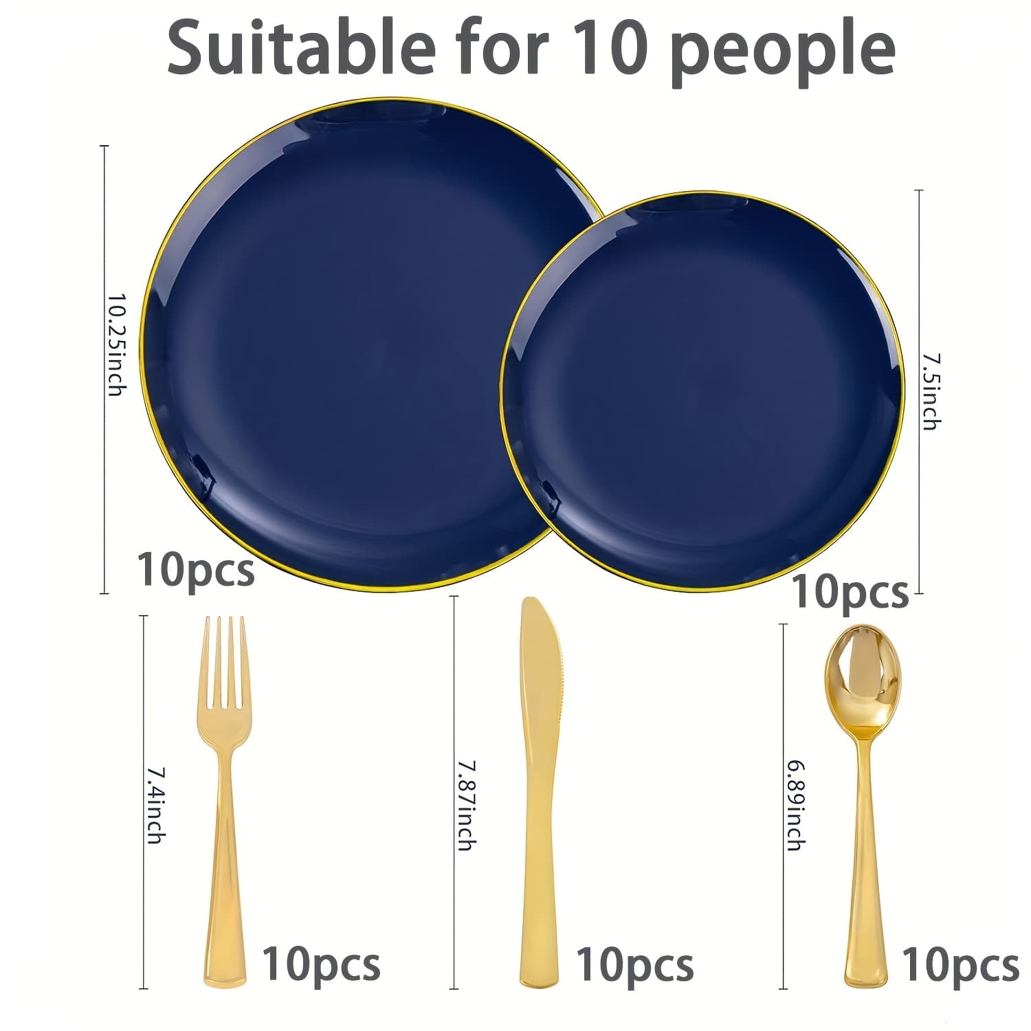 TEMU 50pcs Golden And Blue Plastic Tableware Set - Includes 10 Disposable Dinner Plates, 10 Disposable Dessert Plates, And 30 Disposable Utensils. Ideal For Parties, Weddings, And Holiday