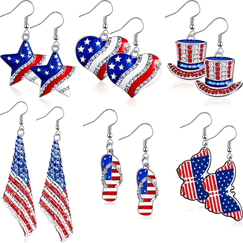 TEMU 12pcs American Flag Themed Earring Set, Stars, Hearts, Hats, Slippers, Butterflies, Flags, Accessories, Perfect Gift
