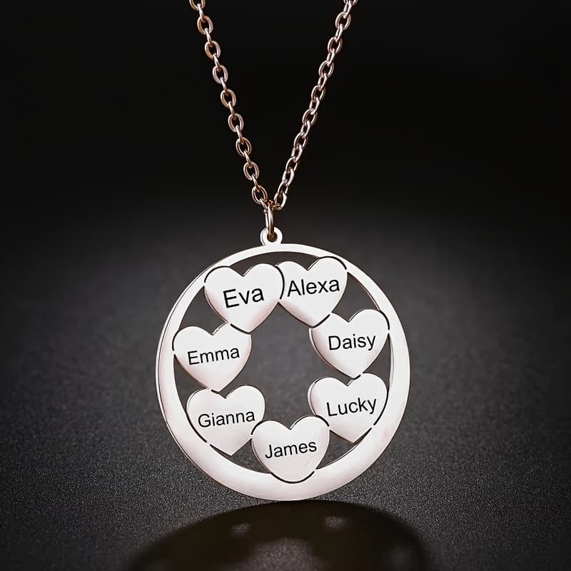 TEMU Custom 1-7 Family Name Necklace, Personalized Minimalist Hollow Heart Name Necklace, Stainless Round Pendant Necklace, Gift For Family, Women's Fashion Jewelry, English Language Only