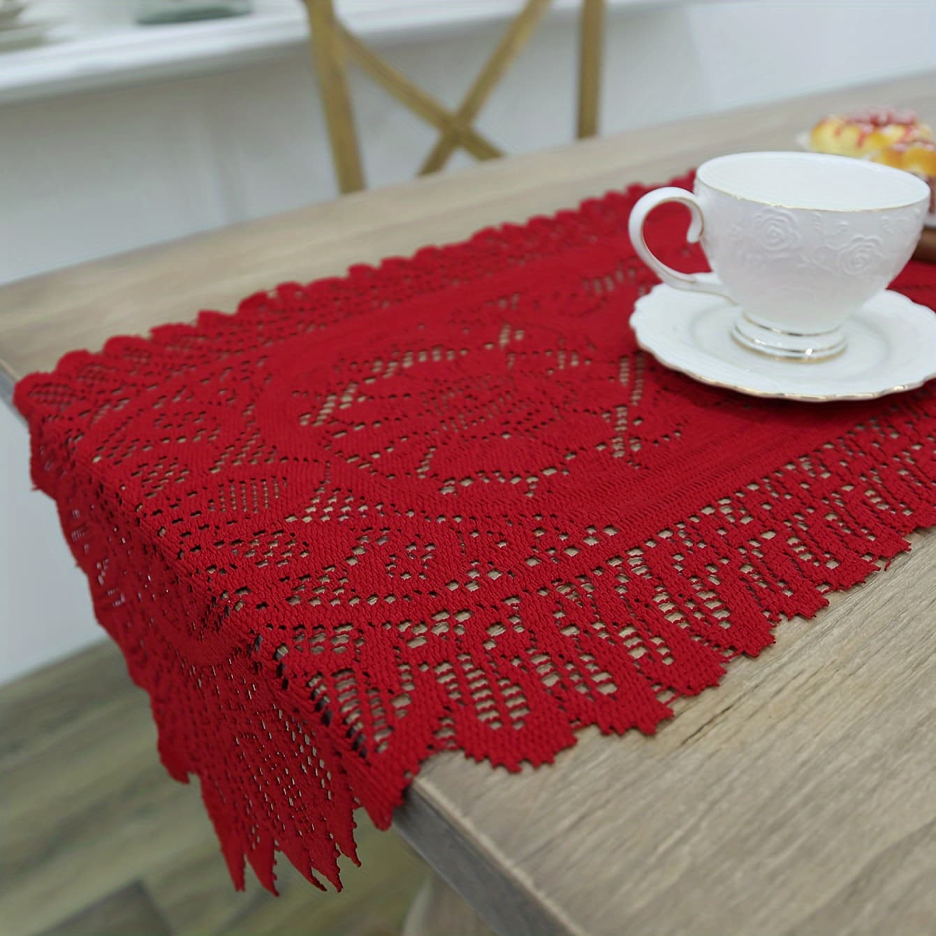 TEMU 1pc Lace Crochet Table Runner And Tablecloth White Red For Christmas Decorations