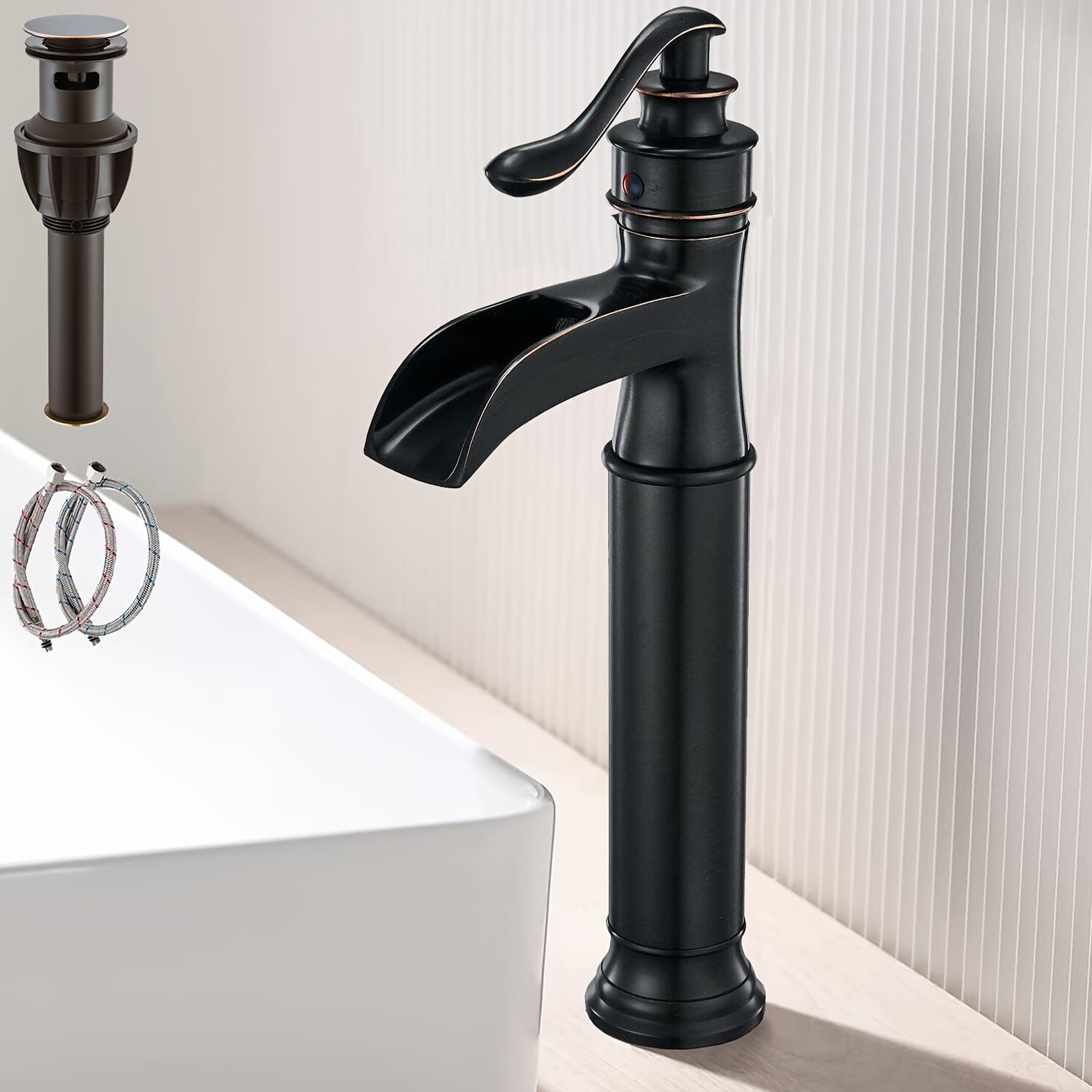 TEMU Single Handle Oil Rubbed Bronze Waterfall Tall Bathroom Sink Faucet, Bath Vanity Faucets Set For Bathroom Sinks With Pop-up Drain Stopper & Hoses, Vanity Bath Single Hole Deck Mount