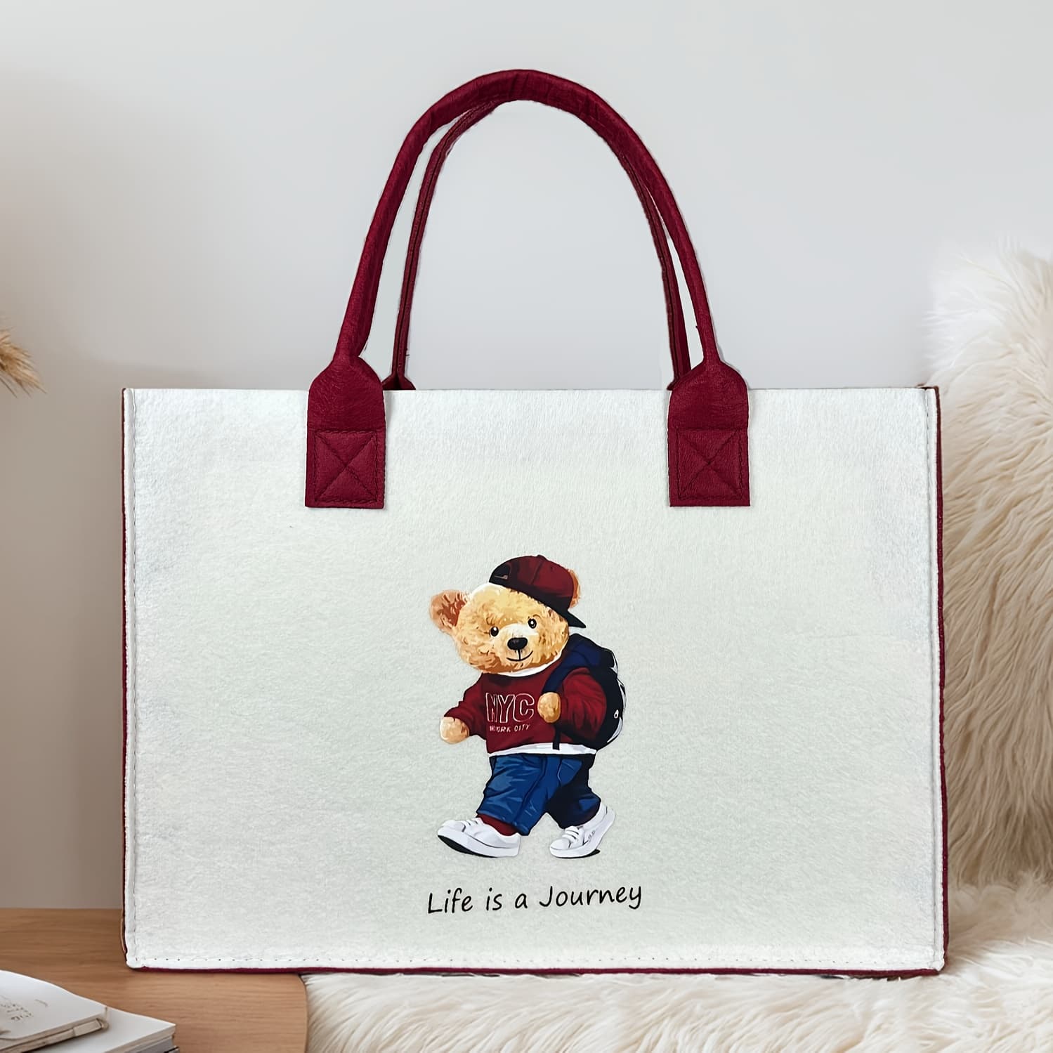 TEMU 1pc " A Journey" Felt Cartoon Bear Felt Tote Bag