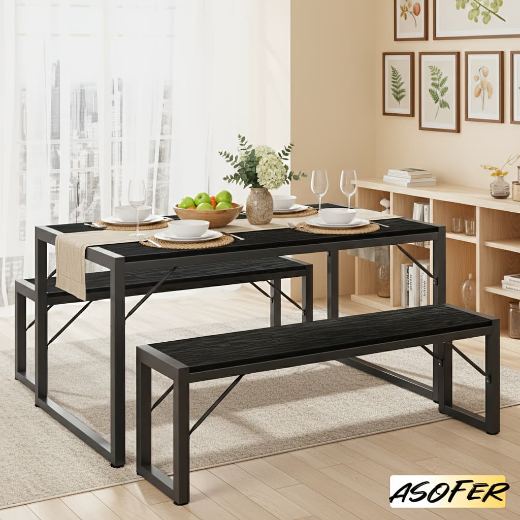 TEMU 45.5" Dining Table Set For 4, Kitchen Table Set With 2 Benches, Dining Room Table Set With Metal Frame & Mdf Board, Space-saving Dinette For Kitchen, Dining Room -black, Retro, Gray