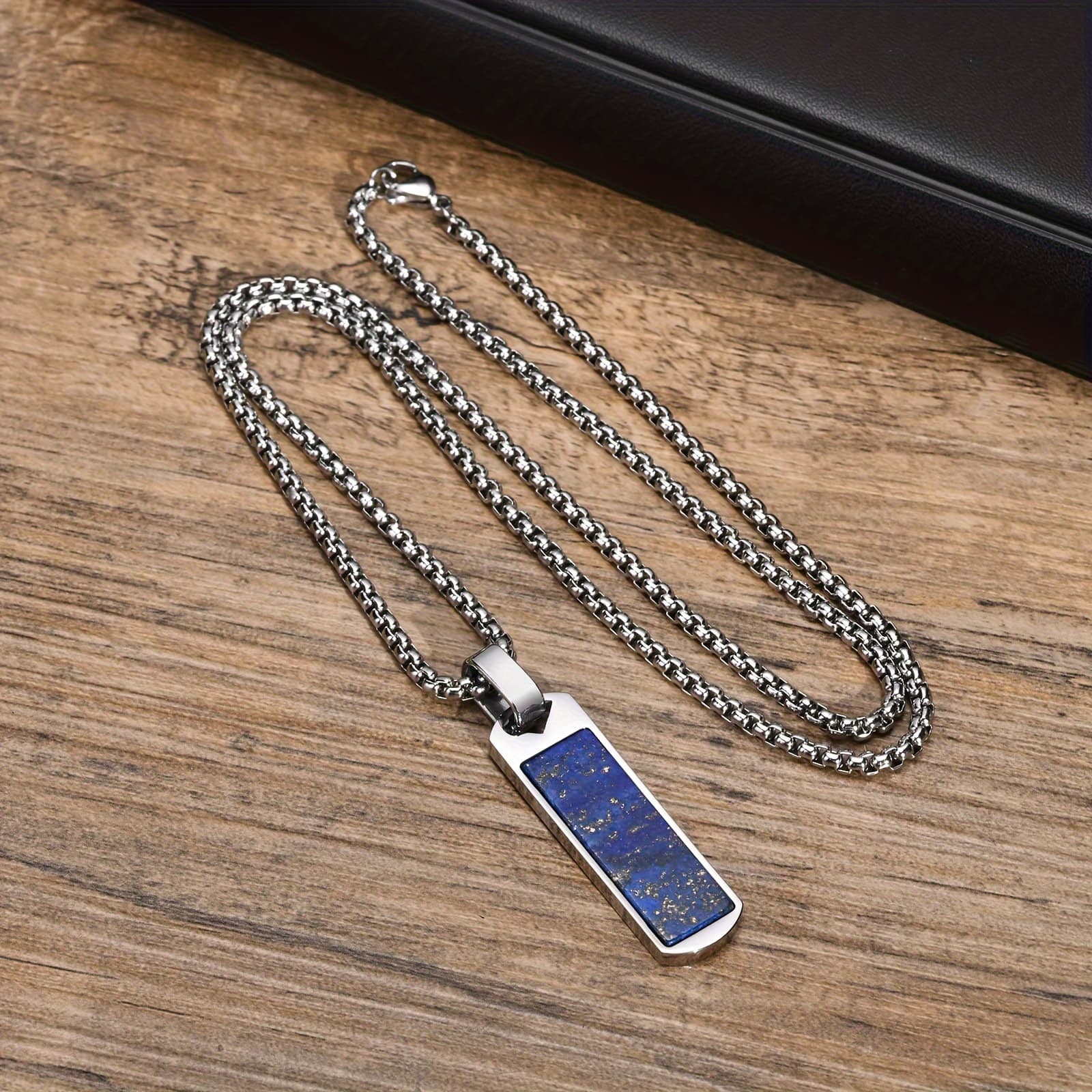 TEMU 1 Men's Pendant, Natural Lapis Rectangular Bar Pendant Necklace, 304 Stainless Steel Natural Stone Jewelry, Men's Fashion Accessory, Gift