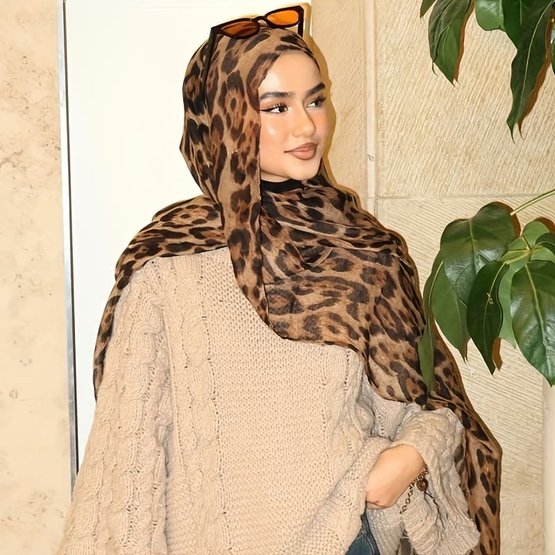 TEMU 1 Women's Long Headscarf-elegant Brown And Beige Animal Print, Non-elastic Headscarf, Suitable For Everyday And Formal Occasions, Machine Washable, Fashionable And Conservative Accessory