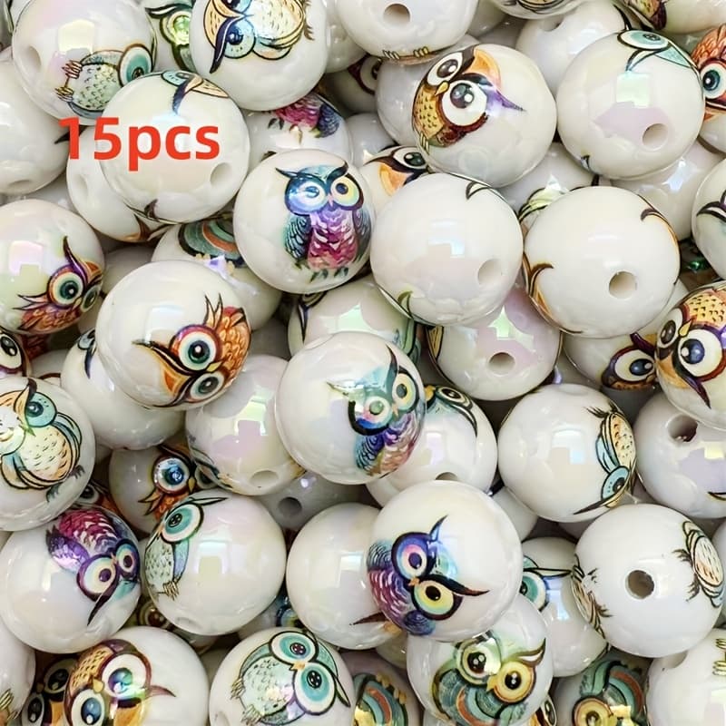 TEMU 15pcs Of 16mm Owl Print Acrylic Beads Suitable For Making - Vibrant Mixed Colors, Glossy Surface, Perfect For Bracelets, Phone Charms, Necklaces, Earrings, Keychains, And Craft Projects,