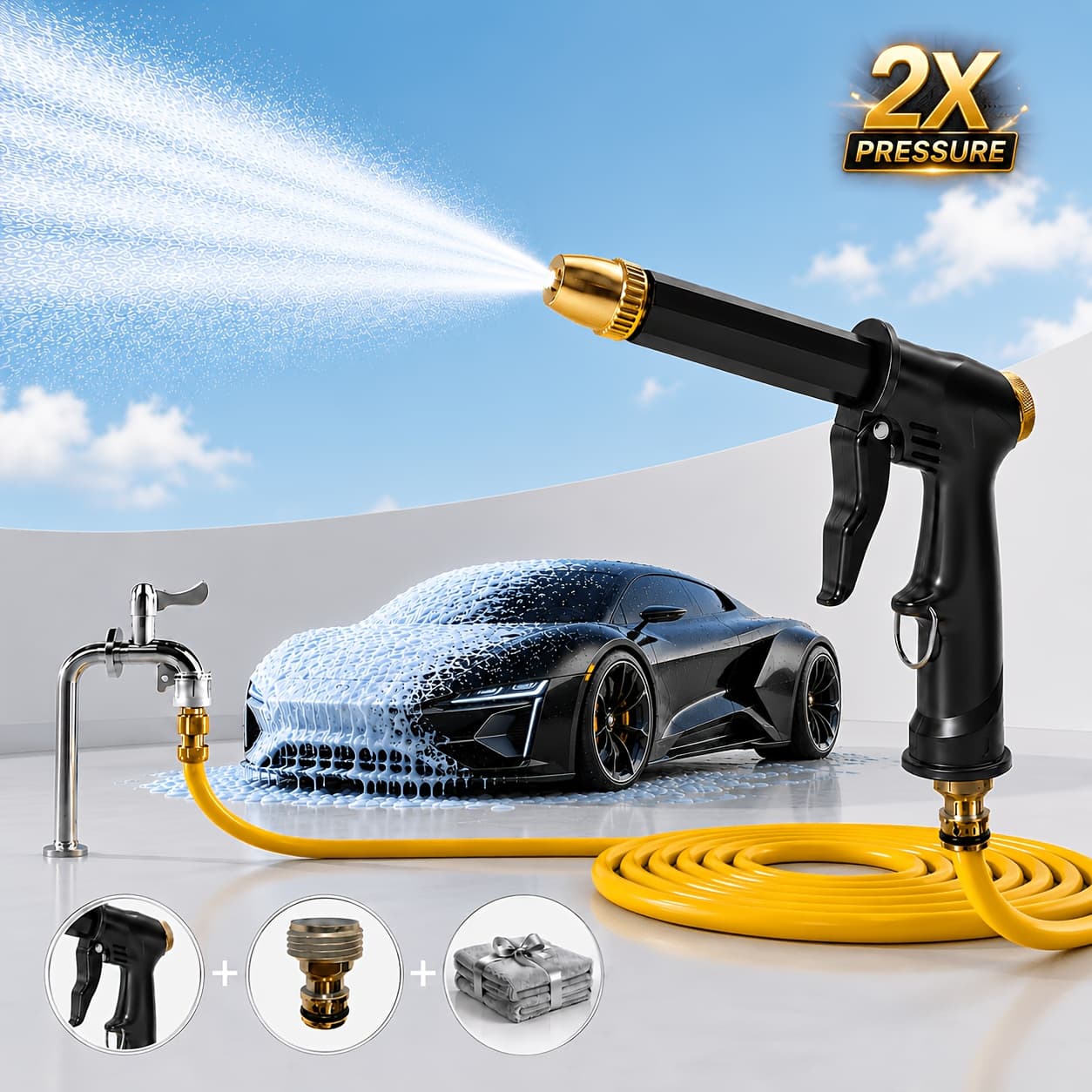 TEMU 2x Pressure Car Wash Spray Gun Kit With Microfiber Towel, Metal-look Body, 360° Adjustable Nozzle, One-hand Lock, No Continuous Pressing, For Car, Motorcycle, Bicycle And Yard Cleaning