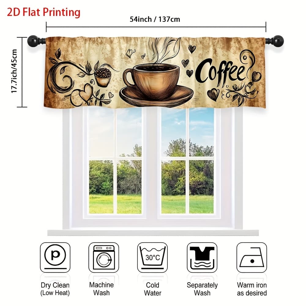 TEMU 2d Flat, 1pc Vintage Coffee Bean & Roast Art Valance Curtain - Semi-sheer, Rod Installation, Machine Washable Window Valance, Bathroom, - Coffee Themed Window For, 2d Flat