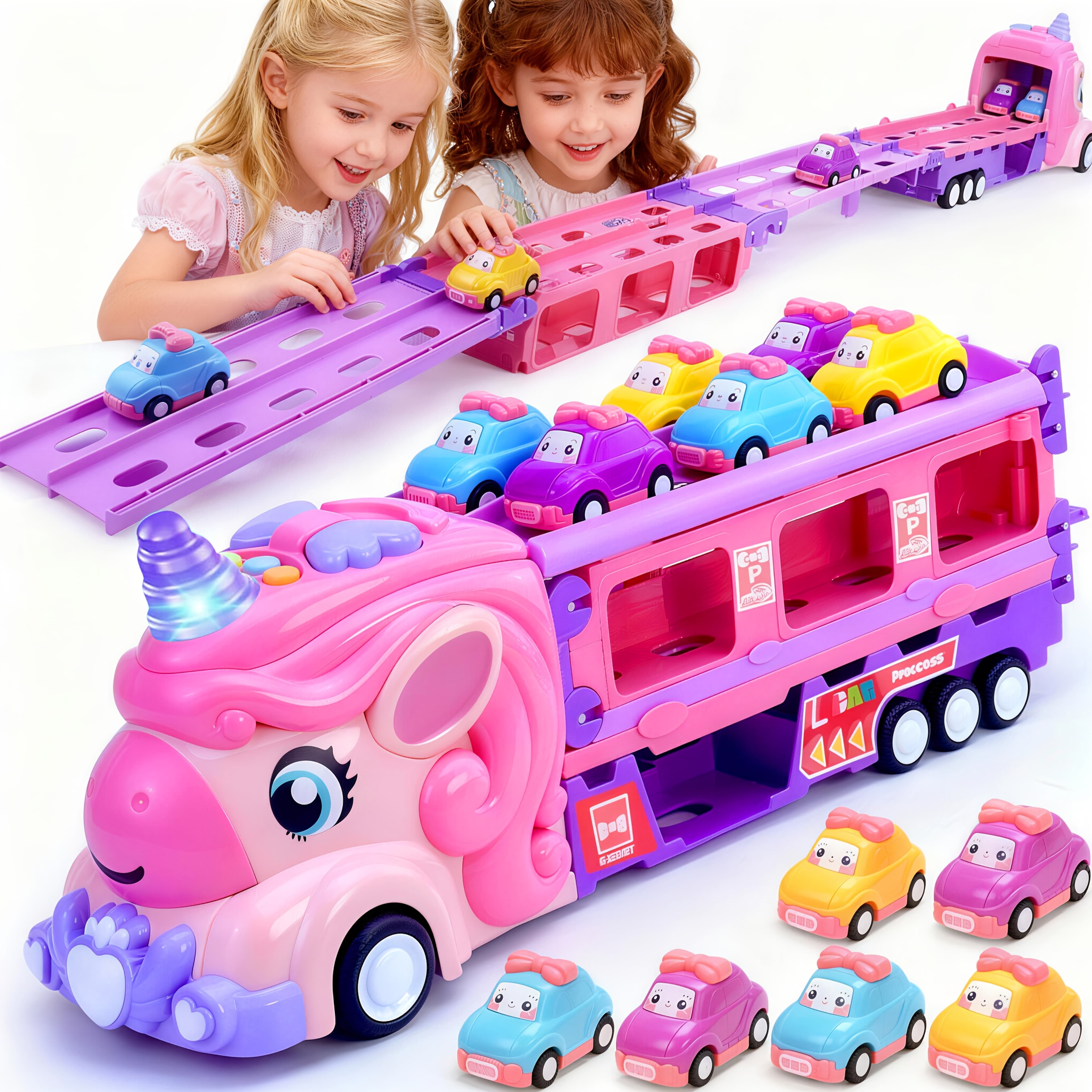 TEMU Toy Truck Track Set With 8 Princess Cars, Light Sound - Friction Toys With 2-player Fold Out Track, Plastic Tracks For 3+, Birthday/holiday Gift Suitable