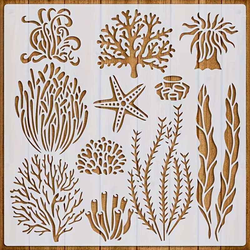 TEMU Large 12x12 Inches Reusable Coral Stencil - Ocean And Plant Patterns, Suitable For Fabric, Canvas, Wood Walls And Home Decor