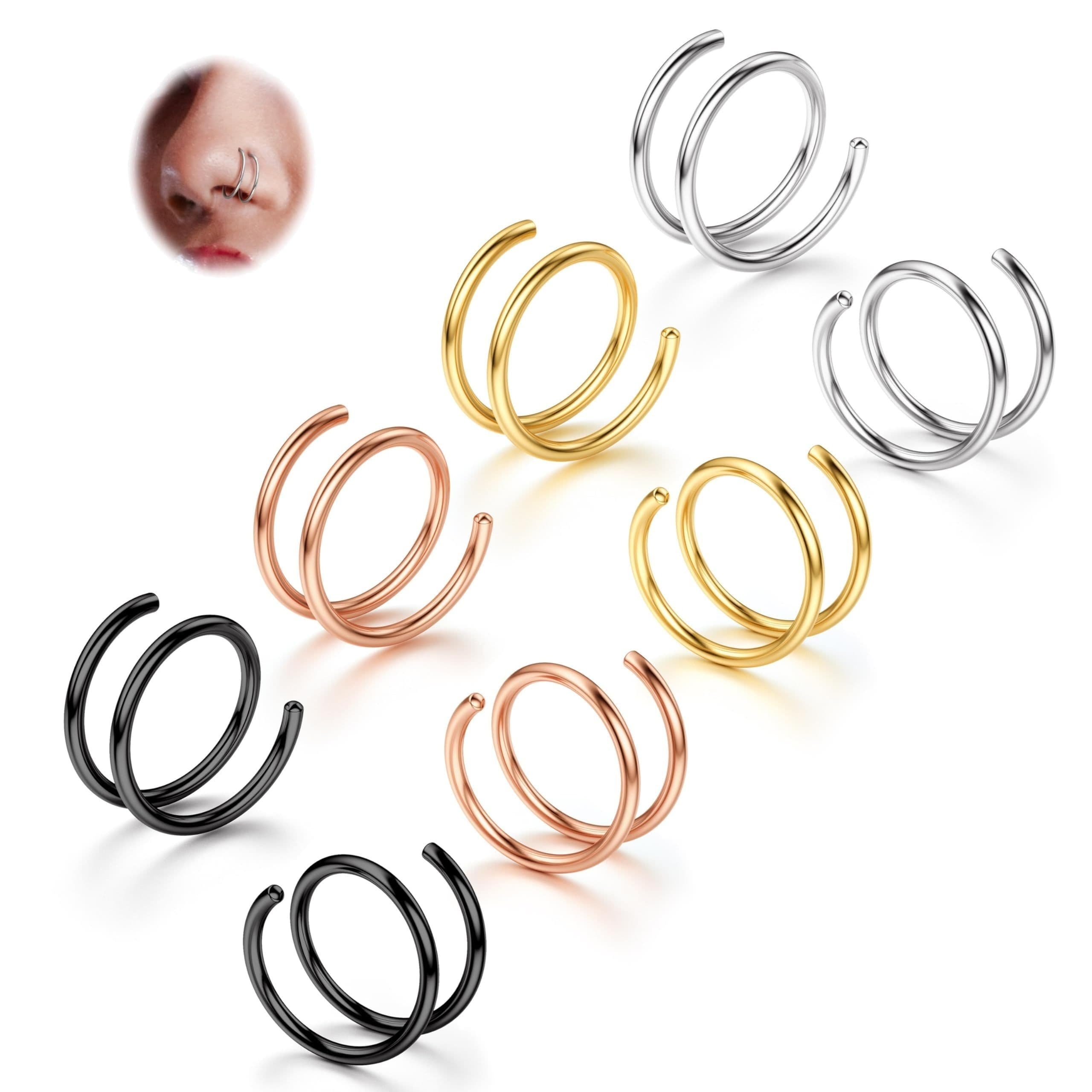 TEMU 8pcs Of Soft 316l Stainless Steel Double Hoop Nose Rings, 20g, Flexible Twisted Spiral Nose Rings For Women, 8mm