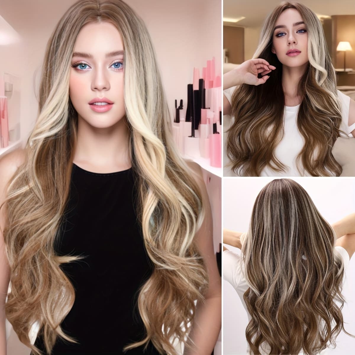 TEMU Loose Wave Brown Ombre Blonde Highlighted Long Synthetic Fiber Wig, Elegant And Style, For Parties And Daily Wearing, Easy To Care For, 30 Inches