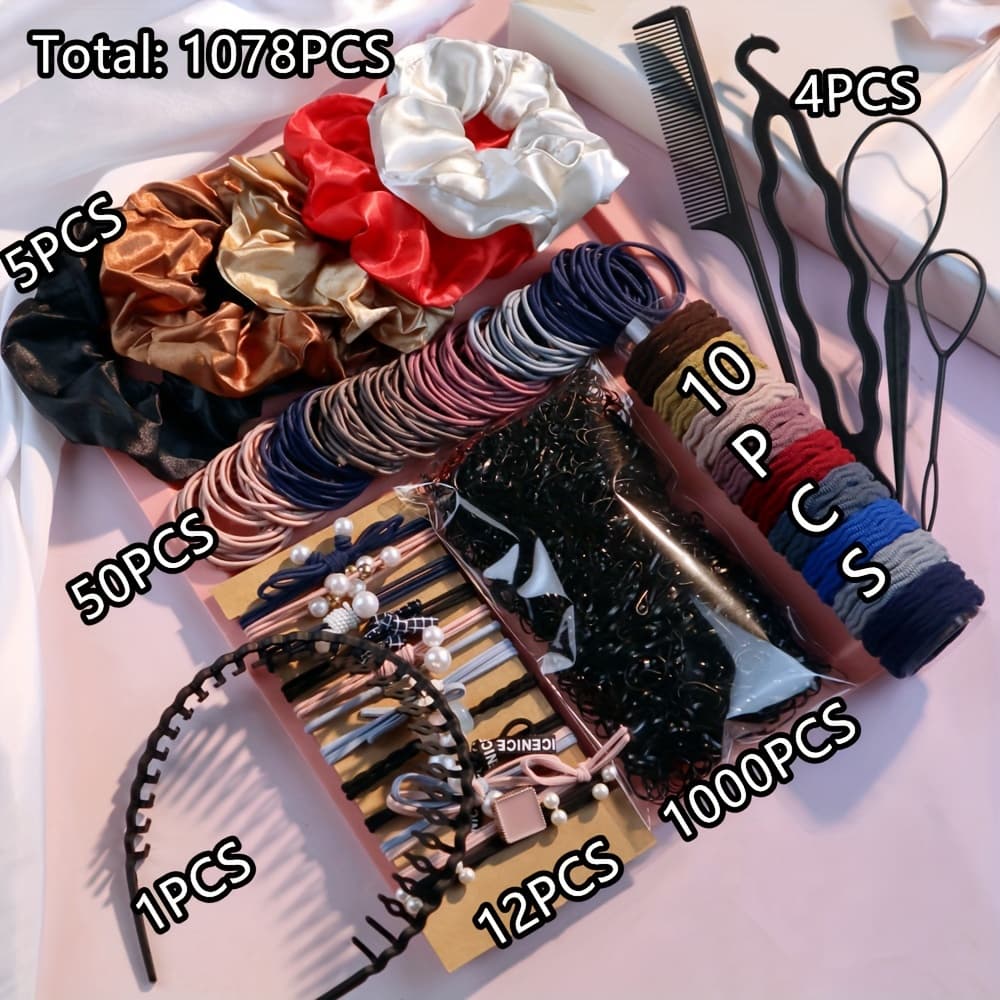 TEMU A Collection Of Dark Hair Additions For Women, Including Seamless Ponytail Holders, Scrunchies, Hair Bands, And Styling Tools