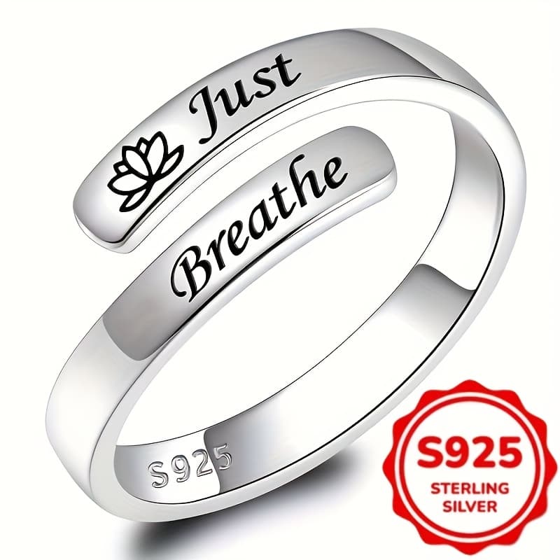 TEMU 1pc Adjustable Sterling Silver Ring Designed For Women, Featuring A 'just Breathe' Lotus Engraving, Weighing 1.. It Embodies A Easy , Suitable For Daily Casual Wear And Yoga, Perfect For All