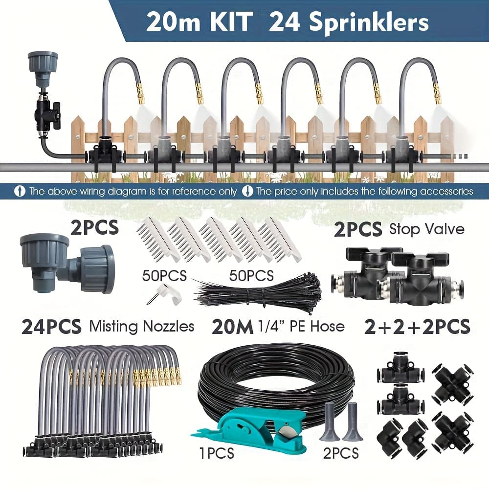 TEMU 10m & 20m 1/4" 4/6mm Misting Cooling System | 360° Free-bend Atomization Sprayer For Garden Irrigation Watering, Plastic Material, Universal Connector Thread