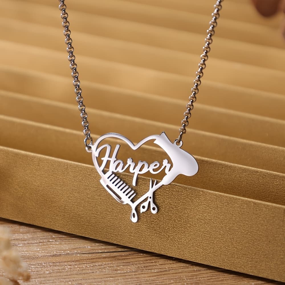 TEMU Custom Personalized Barber Heart Necklace With Name, Scissors Comb Silvery Pendant Barber Jewelry, Professional Gift, Birthday Gift For Barber