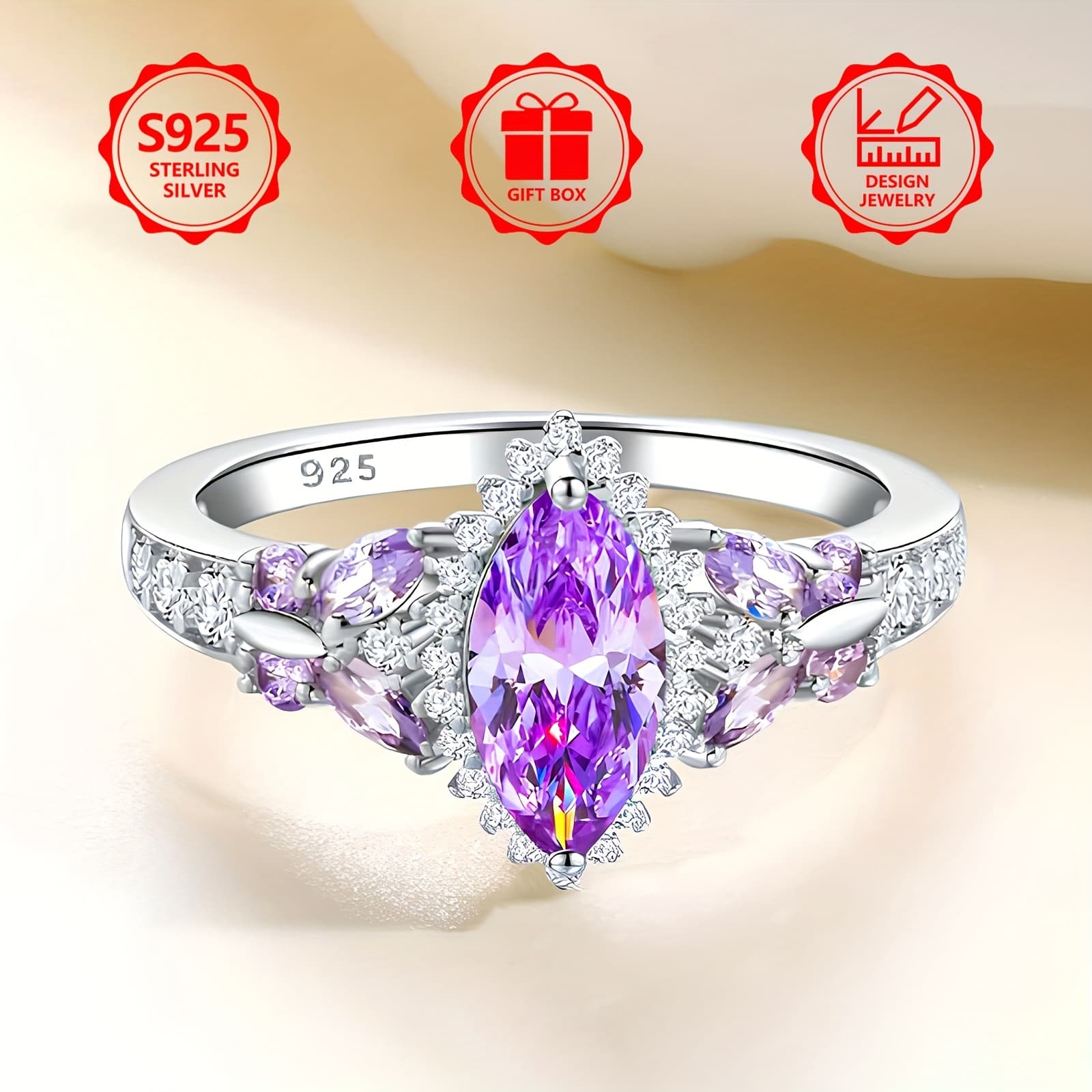 TEMU Classic 925 Silver Women's Ring With Purple Synthetic Zirconia | Elegant And Design, Suitable For Daily Wear And Occasions Including Birthdays, Christmas, Valentine's Day, , Anniversary Weddings,