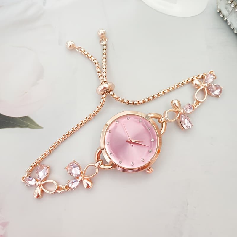 TEMU Elegant Women's Watch With Adjustable Slide Bracelet - Floral & , Alloy Case & Strap, Quartz Movement, Accents - Perfect For Casual & Formal Attire, Casual Attire Accessory, Quartz Movement