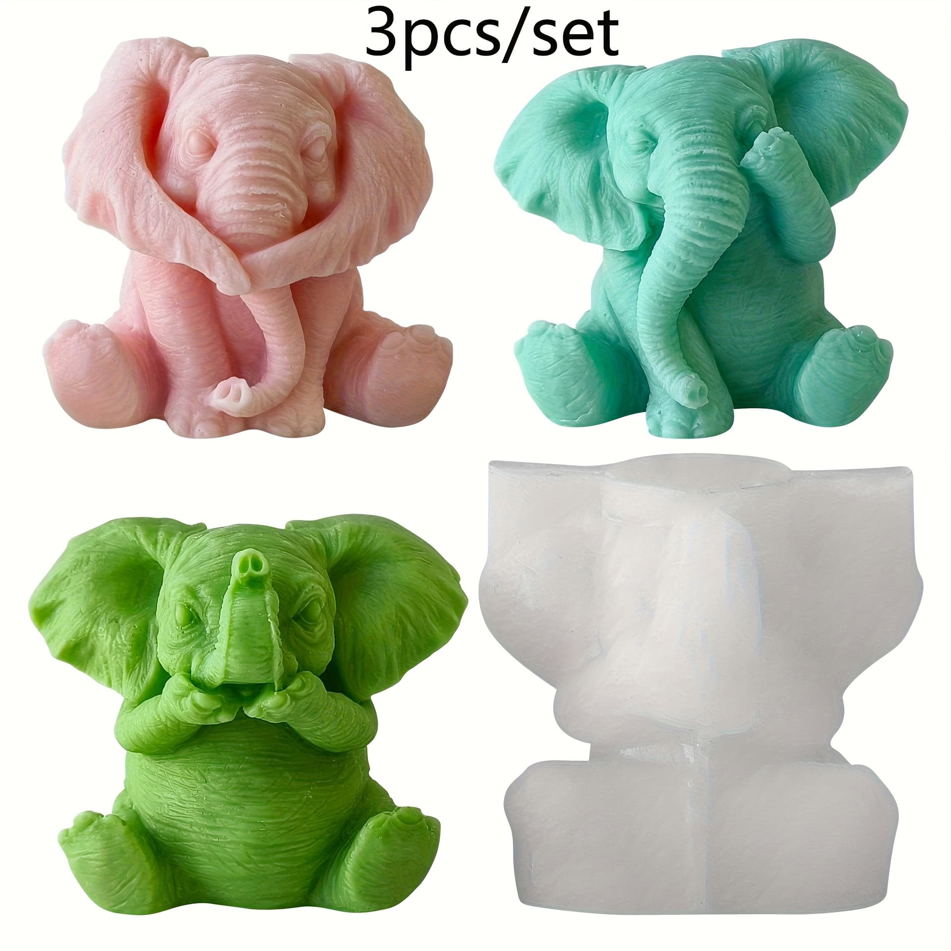 TEMU Christmas Day 3d Elephant Silicone Mold Set, "see No Evil Speak No Evil" Cute Elephant Mould For Diy Aromatherapy Candles, Resin Crafts & Holiday Decor,