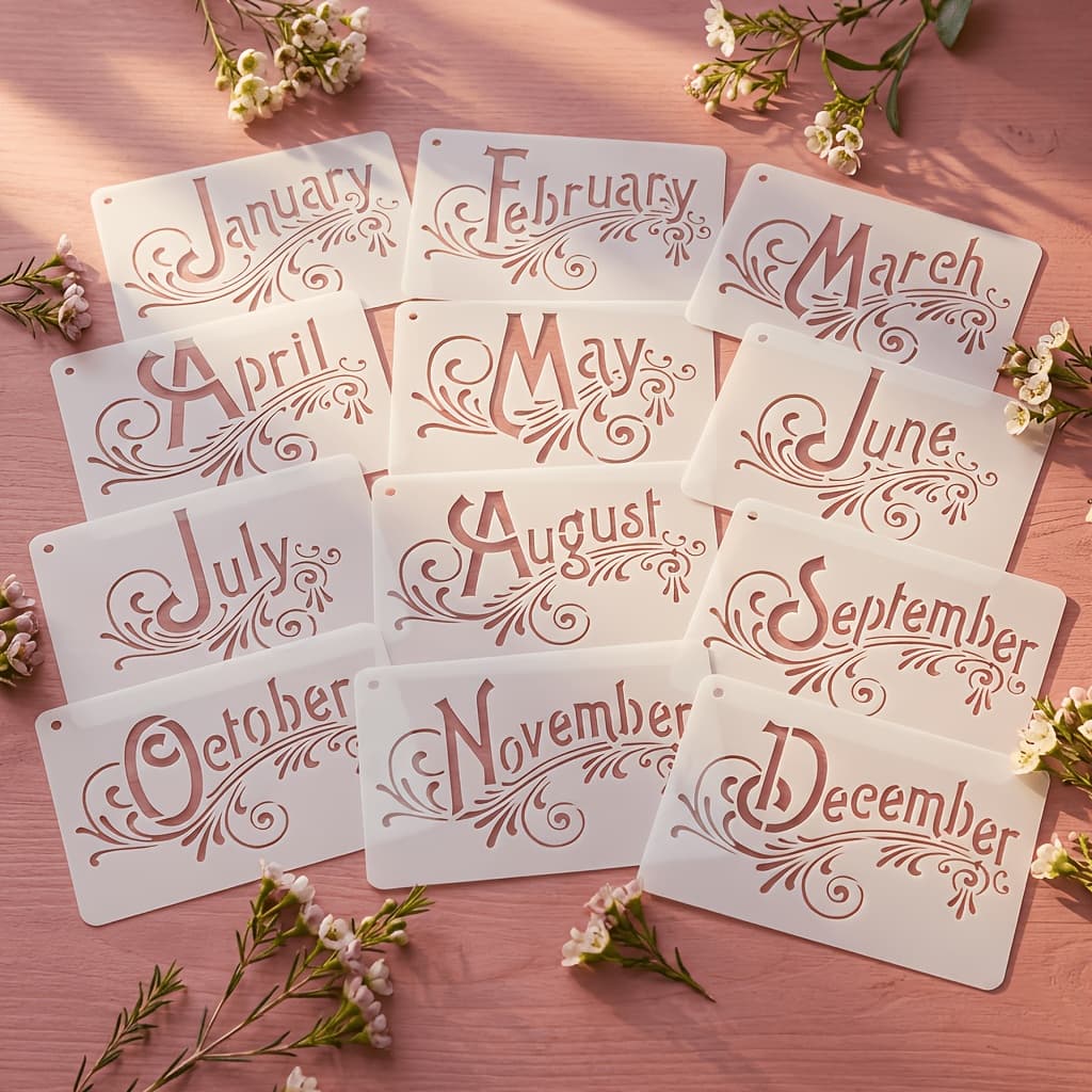 TEMU Set Of 12 Reusable Decorative Stencils For Each Month - Fancy Cursive Script Painting Templates For Home Decoration - Elegant Month Names From To December - High-quality Flexible Stencil Kit