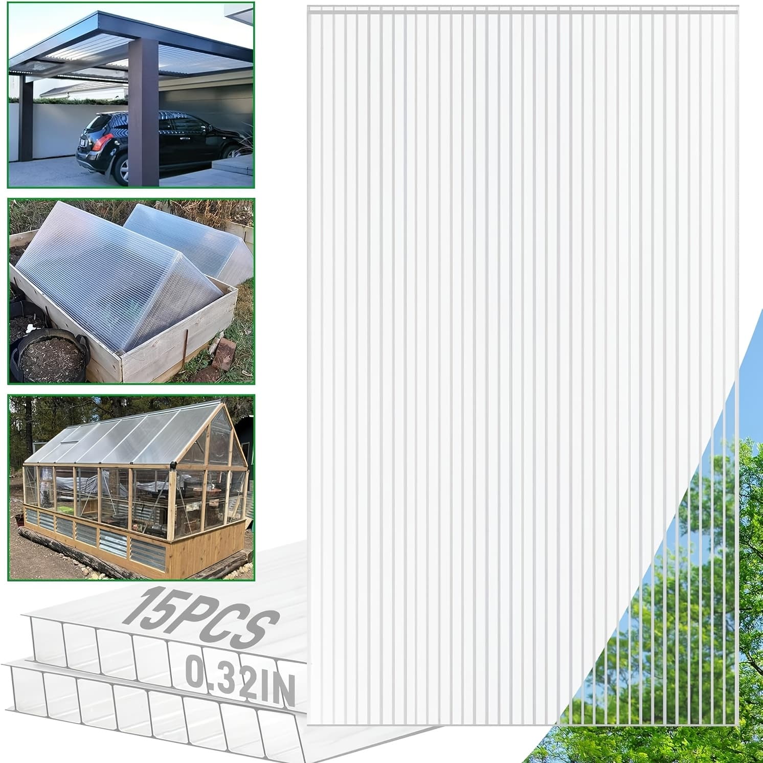 TEMU 8/15pcs Polycarbonate Greenhouse Panels, 4ft X 2ft Twin-wall Polycarbonate Sheets, Greenhouse Replacement Panels All Weather Clear Roof Panels(0.16/0.24/0.32inch)