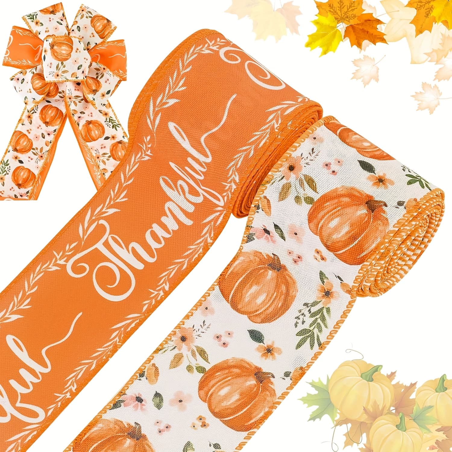 TEMU 2pcs Of Of Autumn Wired Edge Ribbon Pumpkin Burlap Ribbon Ribbon For Gift Wrapping Bow Making Wreath Crafting Supplies (orange)