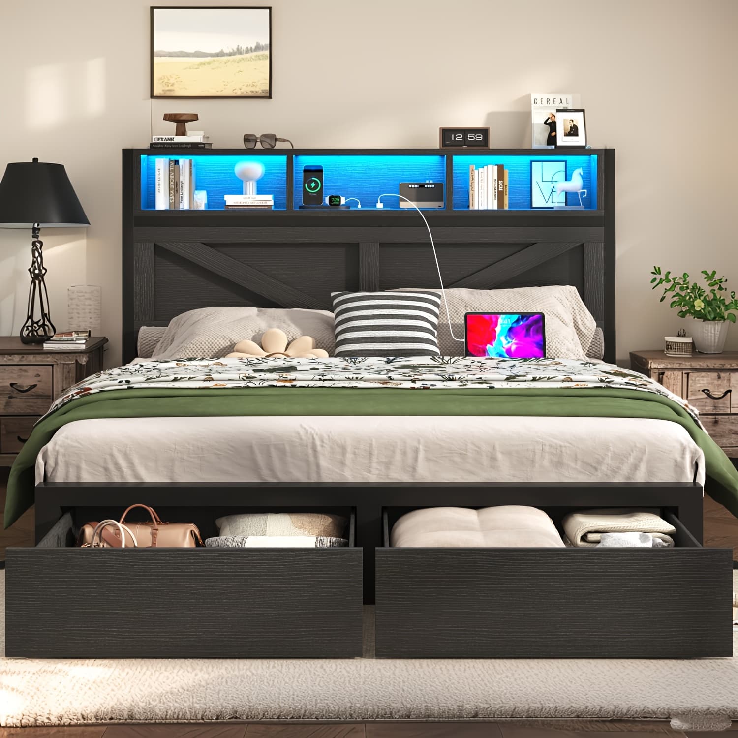 TEMU Farmhouse Bed Frame With Storage Headboard And Drawers, Led Lights And Charging Station, Spring Needed,