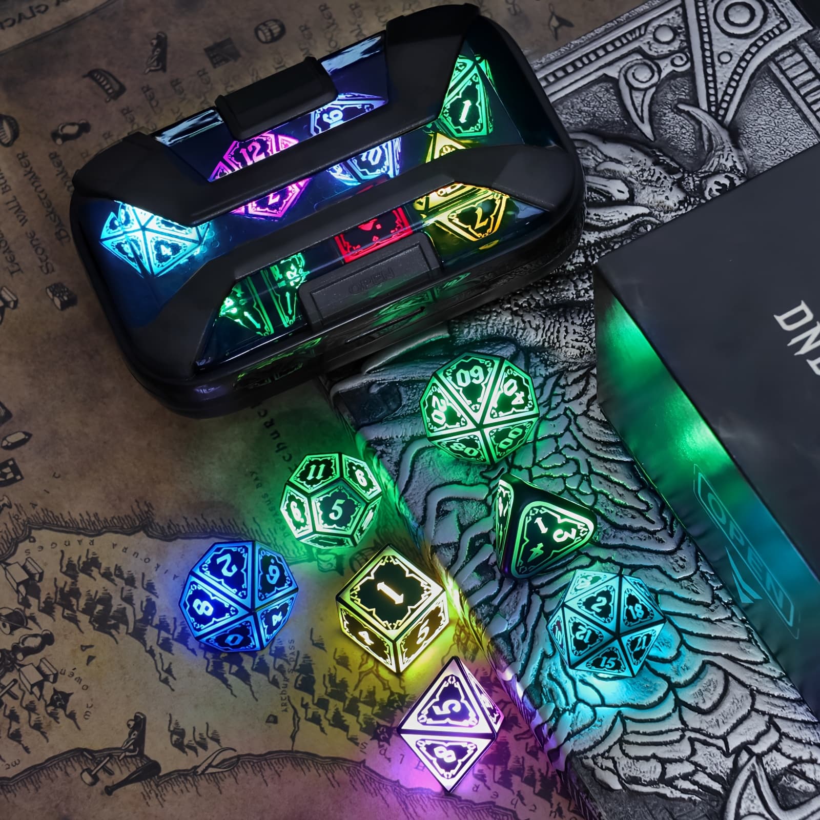 TEMU Illuminated Rgb , 7-color Polyhedral Role-playing Dice With Led Features And Charging Case, Perfect For Christmas And Birthday Presents ( Black)