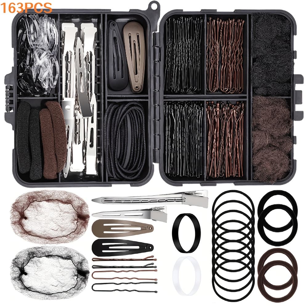 TEMU 163pcs Hair Ties Clips Nets Styling Kit Girls Additions Portable Hairstyle Tools Performance Styling Pack