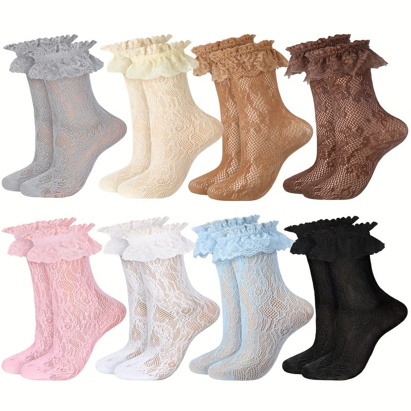 TEMU 8 Pairs Women Lace Socks Ruffle Frilly Ankle Women Cute Lolita Style Lace Trim Socks