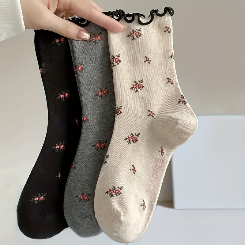 TEMU 3 Pairs Of Women's Vintage Floral Socks With Wavy Frilly Mid-calf Socks