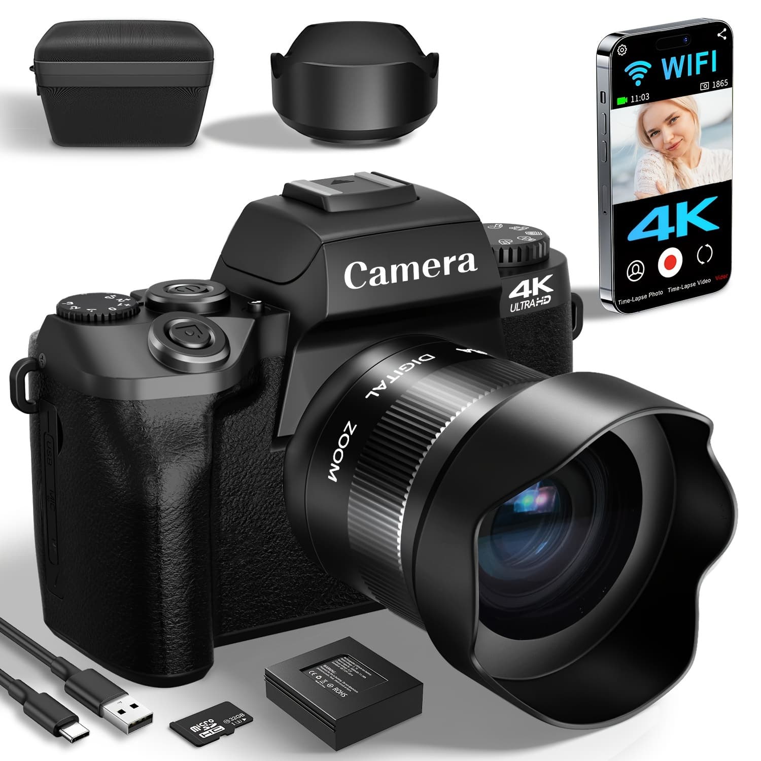 TEMU Digital Camera, 4k Camera For Photography And Video, 64mp Screen Vlogging Camera For Youtube, Support 16x Digital Zoom And Auto Focus, With Flash, 32gb Sd Card, Lens Hood, 3000mah Battery