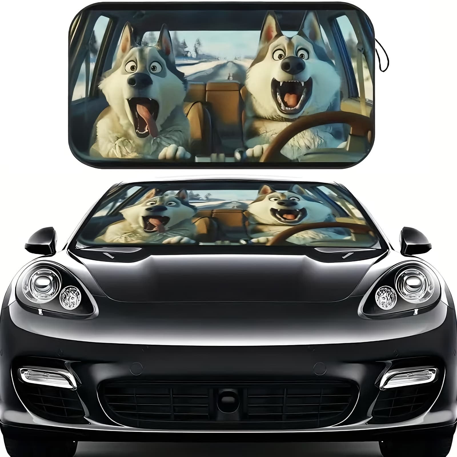 TEMU Humorous Husky Car Sunshade - Uv Protection, Foldable & Easy To Store, Fits Most Vehicles, Polyester Material With For Indoor Decor, Vehicle Cooling Accessory, , Feature
