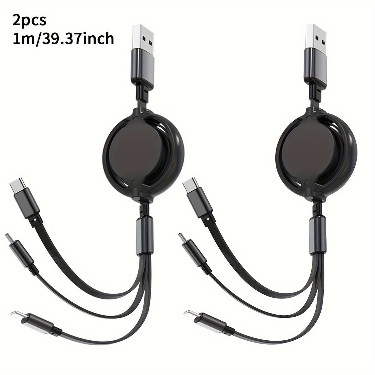 TEMU Jogrytece 2pcs 1m/ 3ft 3 In 1 Retractable Usb Cable Mfi Certified 3 In 1 Usb Black Charging Cable With Type-c, Micro Usb, Ip Port For Most Phones/ Iphones/ Tablets