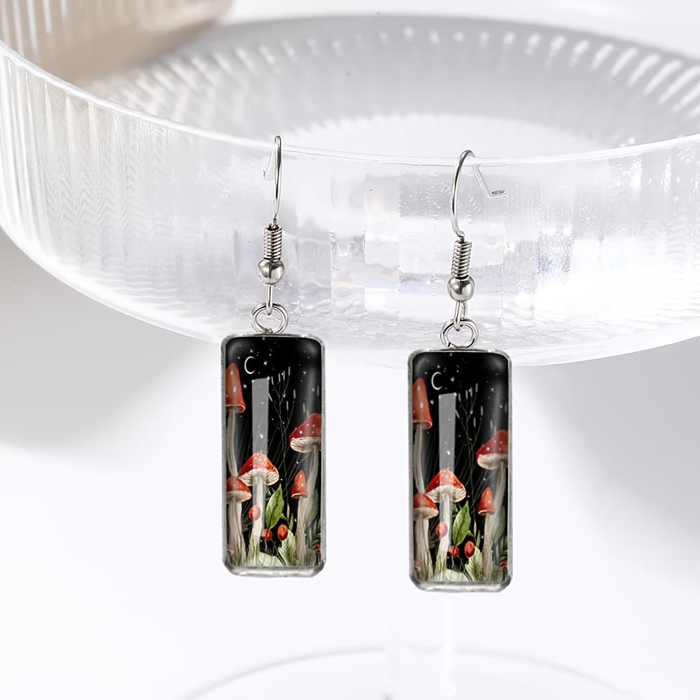 TEMU 1 Pair Moon Mushroom Rectangular Earring Irregular Earrings Glass Dome Jewelry Gift For Friend