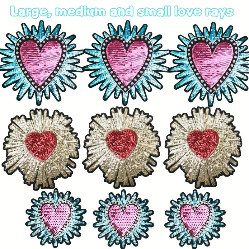 TEMU A Collection Of 9 Heart-shaped Sequins In Large, Medium, And Small Sizes, Along With Embroidered Fabric Patches, Embossed Heart-shaped Bags, And Decorative Patches For Clothing