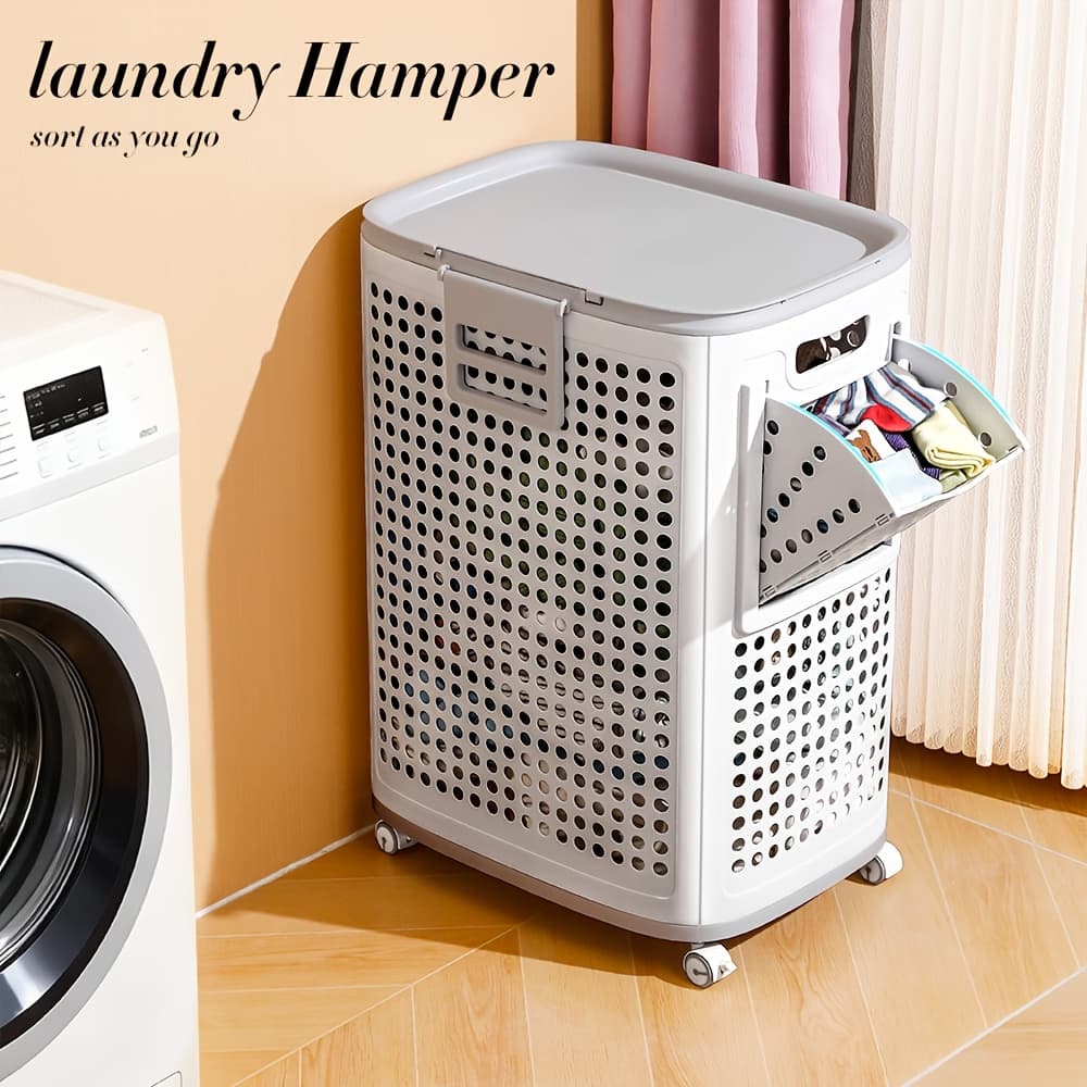 TEMU 70l Large Capacity Breathable Laundry Hamper With Lid & Wheels - White Plastic Rolling Storage Bin Organizer For Clothes (laundry Room), Bedding (bedroom), & Miscellaneous Items, Shelf Baskets