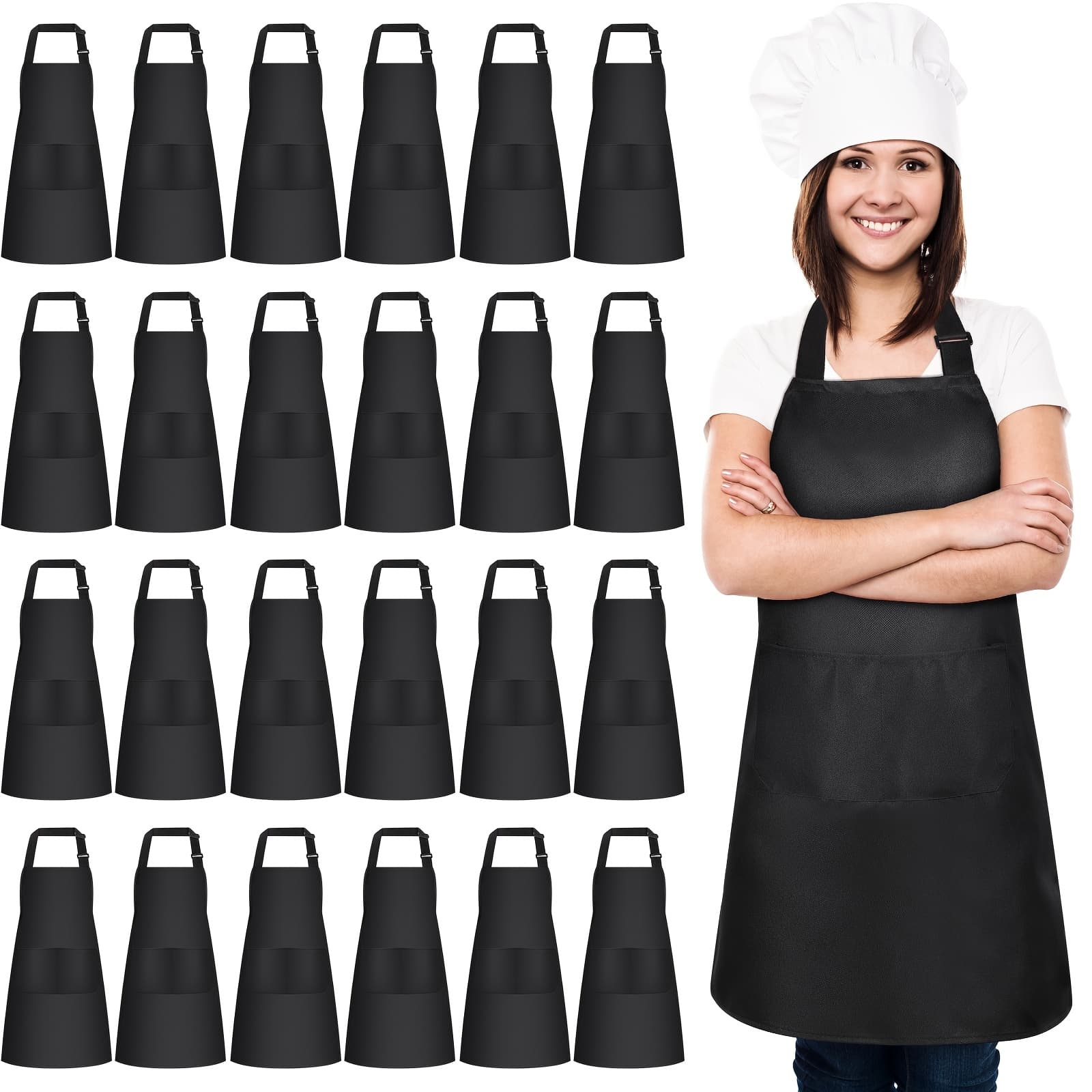 TEMU 24 Pack Adjustable Bib Apron With 2 Pockets Black Aprons Bulk For Server Adult Women Kitchen Apron Water (black)