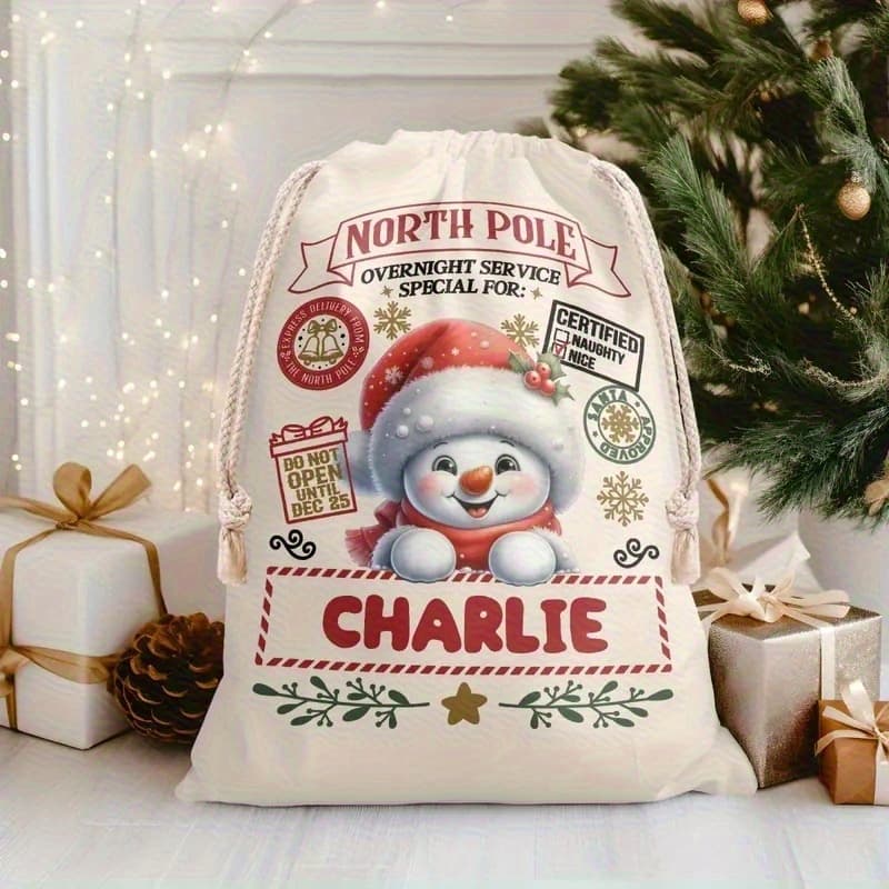 TEMU Personalized Christmas Gift Bag - Custom Name Santa Sack With Custom Text/name, Holiday Snowman And Arctic Design, Durable Canvas/burlap Material, Holiday Party Favors, Christmas, New Year