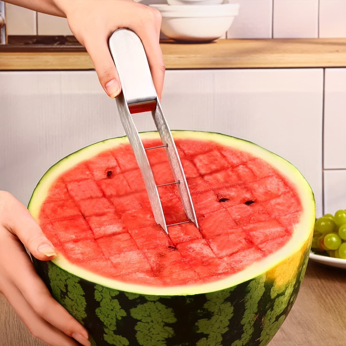 TEMU 1/2pcs Quick And Safe Watermelon Cutter - Stainless Steel Cube Cutter For Fruit Salad And Melon - Kitchen Gadget And Accessory For Easy Slicing And Cutting