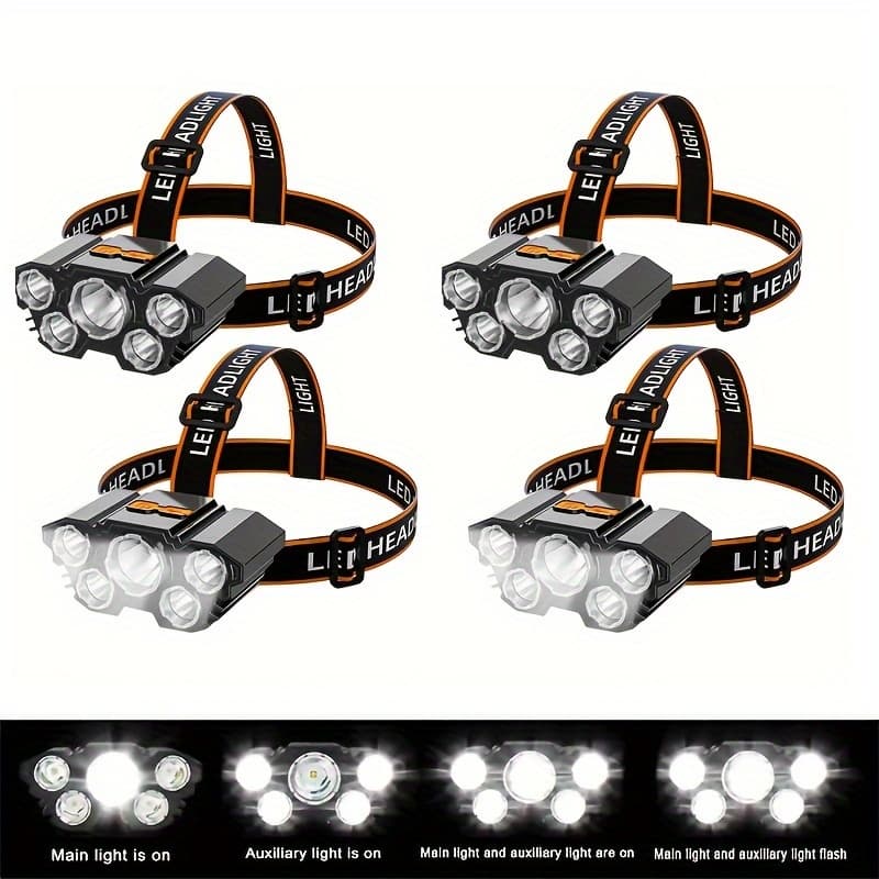 TEMU 4 Rechargeable Headlights, 5 Led Headlights, Lightweight Usb Headlights, 4 Of Flashlights, Suitable For Outdoor Running, Hunting, Hiking, Camping