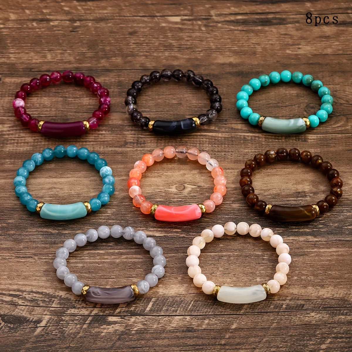 TEMU 8pcs Men's Bracelet Set, Featuring Geometric And Minimalist Handmade Beaded Stretch Bracelets, Suitable For Men And Women/couples, Perfect For Casual Attire.